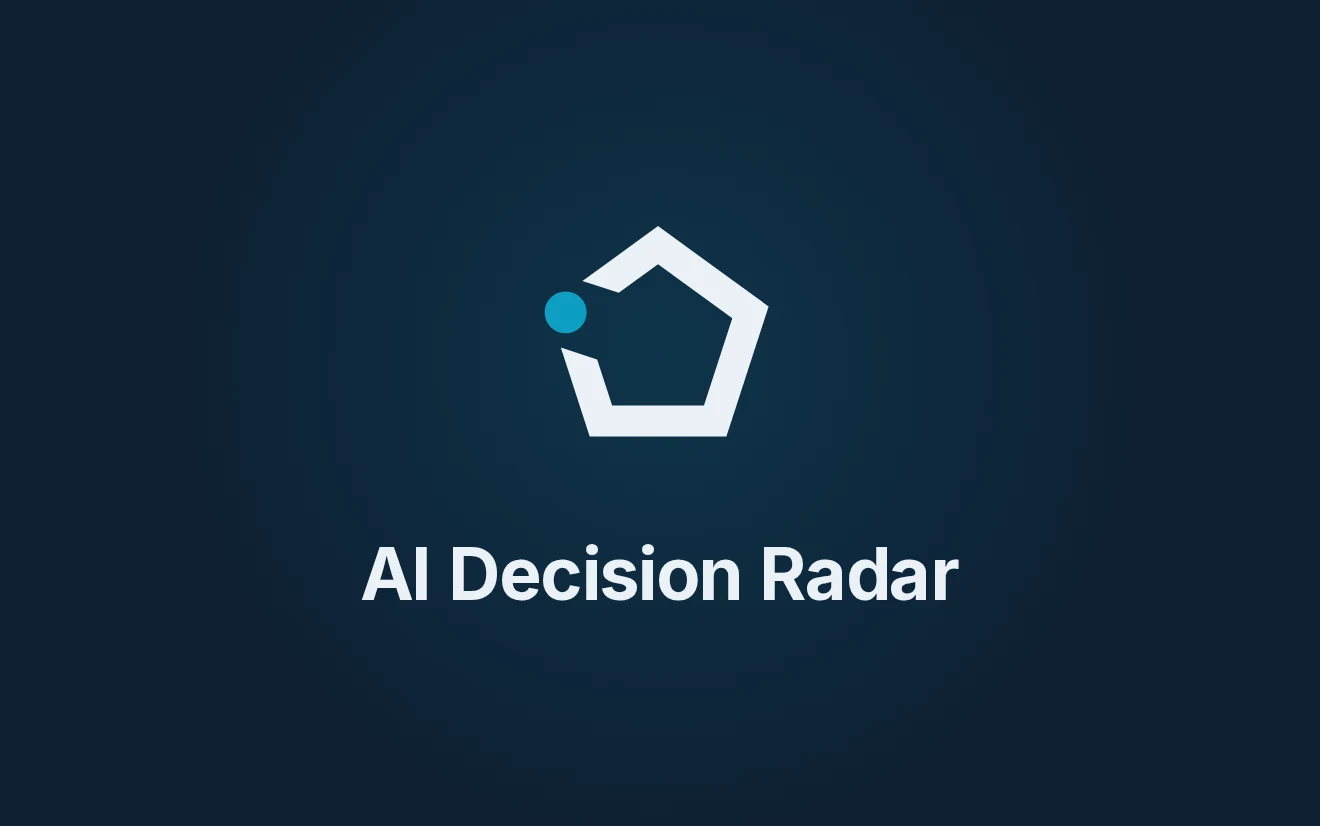 AI Decision Radar : signe L’Ouverture, pentagone ouvert et point cyan, sur fond bleu nuit.