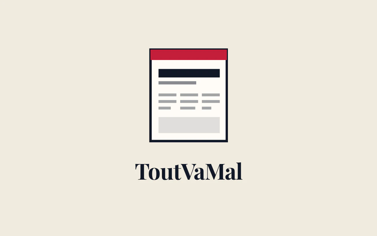 ToutVaMal : une une de journal, bandeau rouge, titre et colonnes.