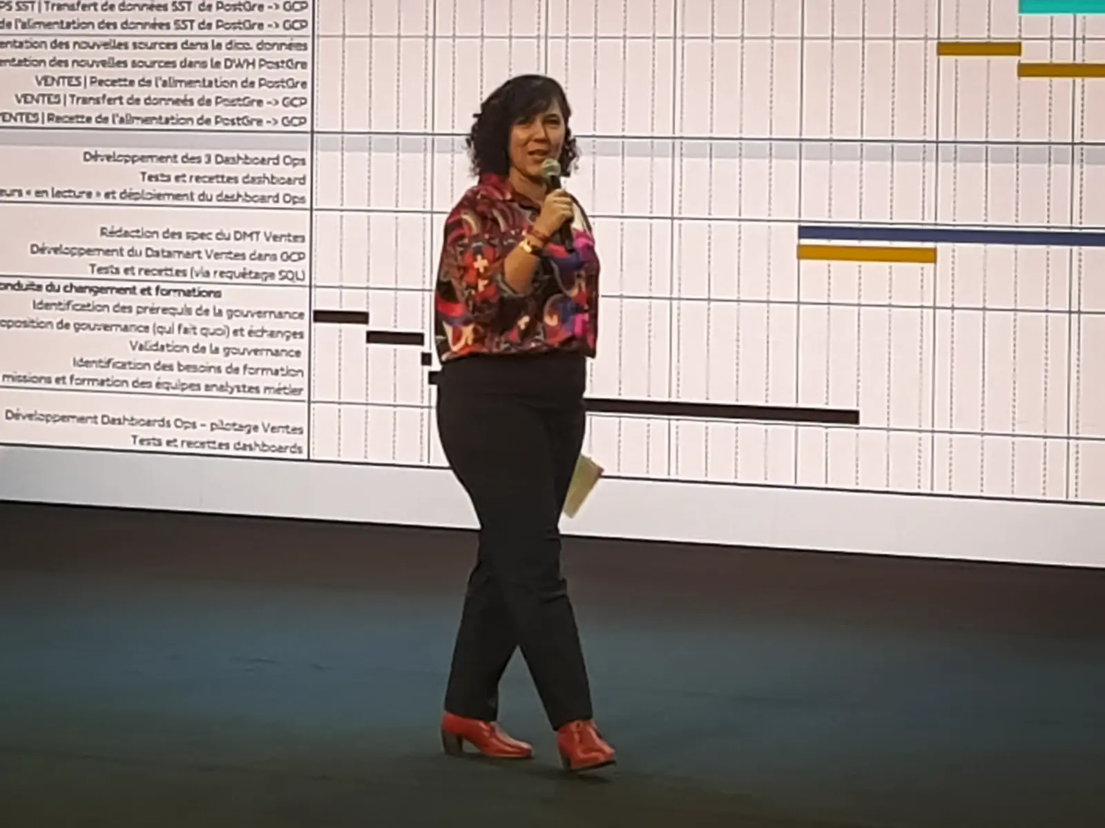 Kawtar Kostani sur scène, micro à la main, devant le planning d'un projet data